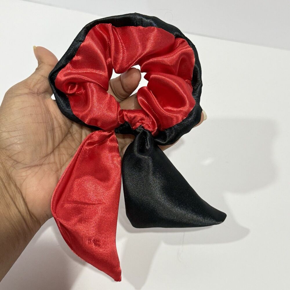 Handmade Red Black Satin Scrunchie Scarf Bow Hair Tie Ponytail Holder - Picture 7 of 11